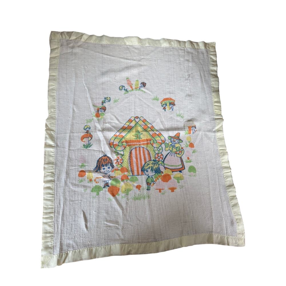 Vintage Hansel & Gretel satin trimmed waffle knit mushroom print‎ orange blanket